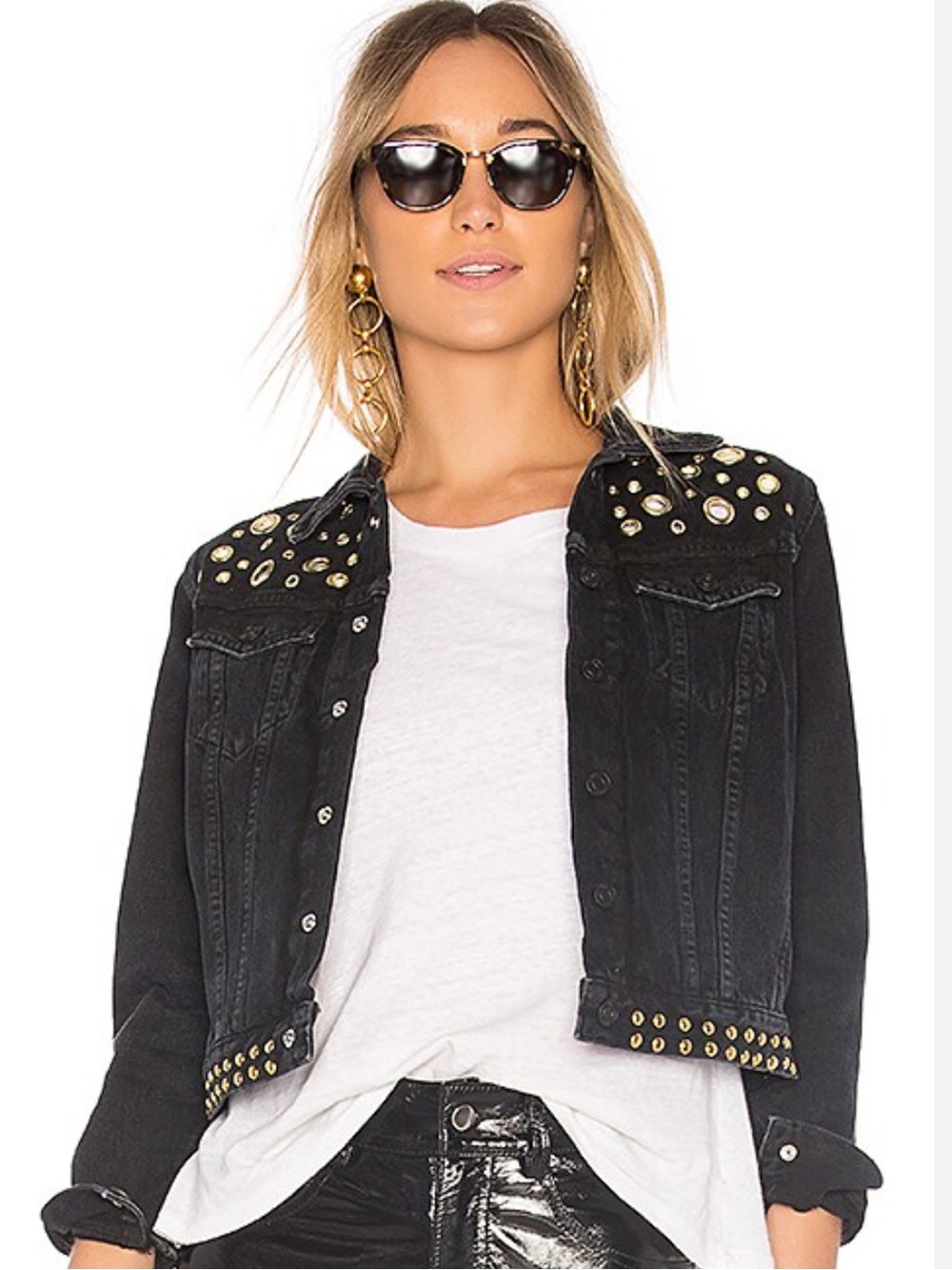 Agolde Reputation Studded Overtone Jacket Black Denim with Gold Grommet Small
